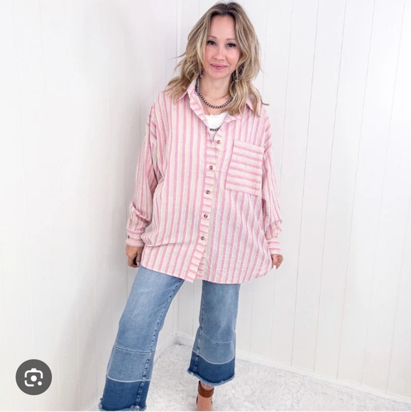 easel Tops - Easel Oversized Pink Blue Striped Textured Long Sleeve Button Up Top Shacket